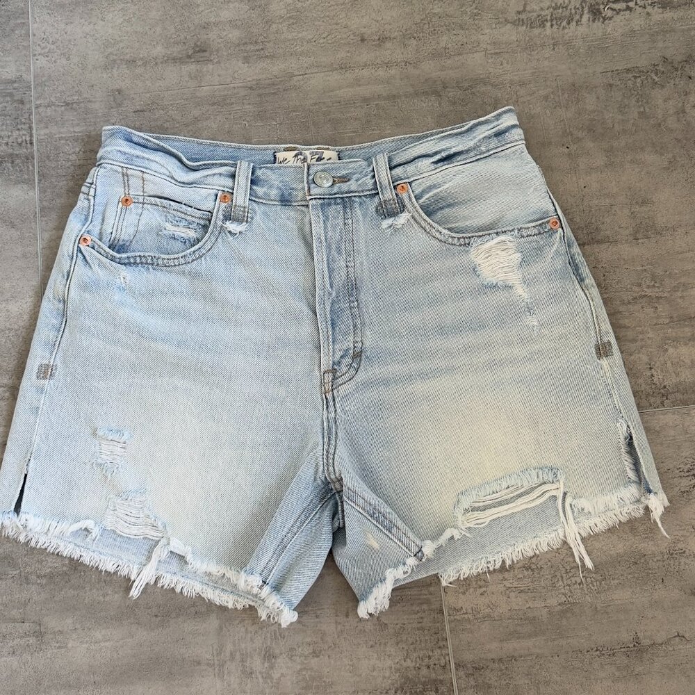 We The Free High Waist Distressed Denim Shorts - Light Blue